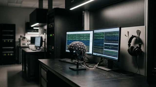 A neuroscience lab with EEG equipment and monitors displaying brainwave data.