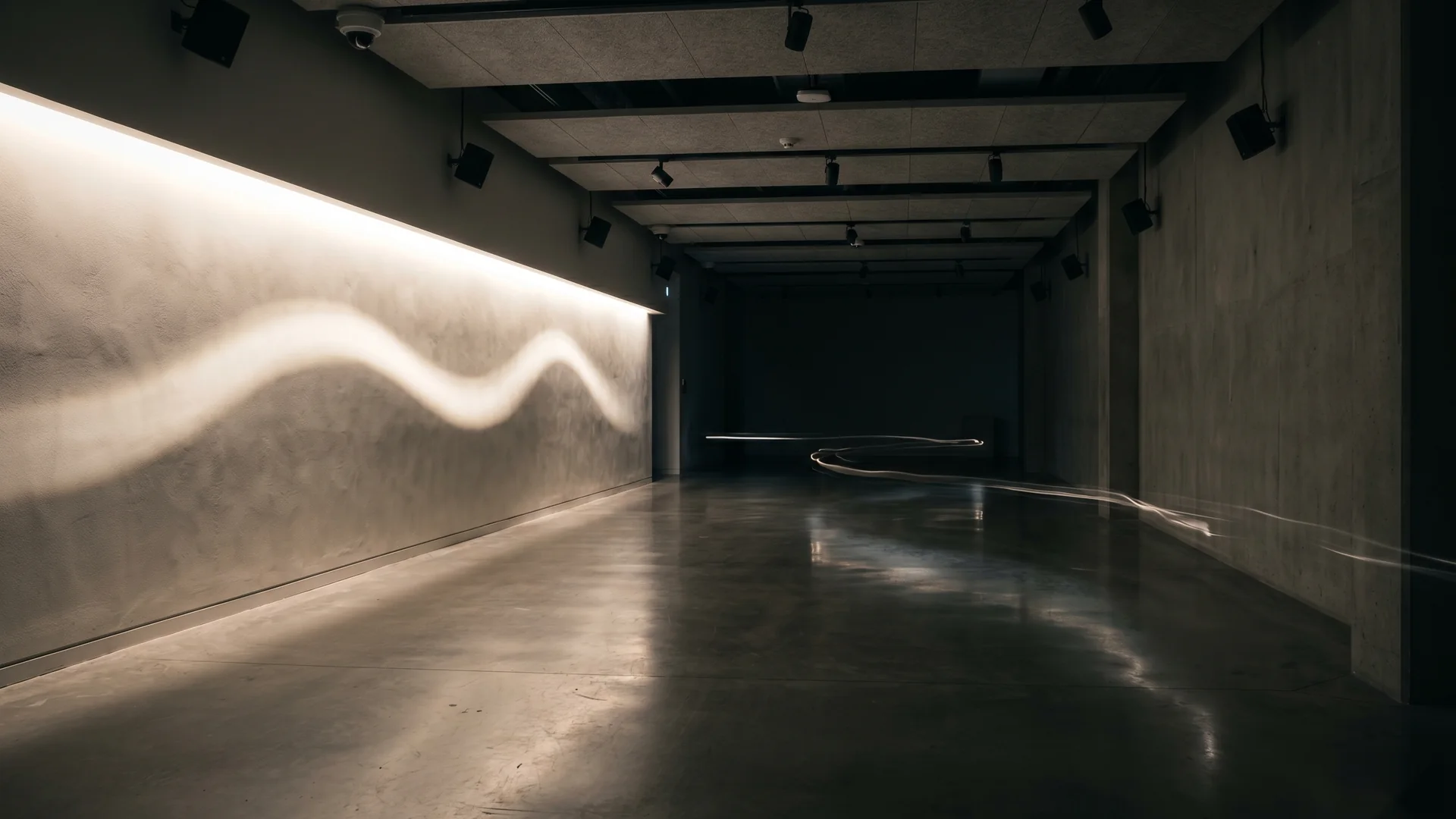 A gallery space with programmable light and sound responding to presence.