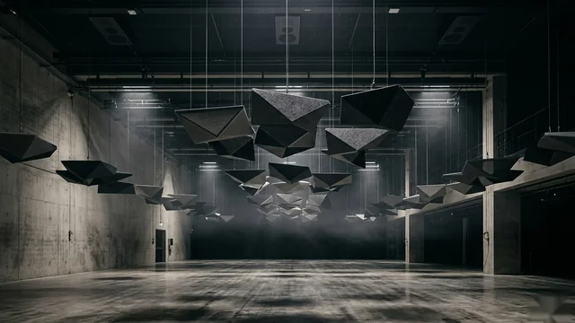 An immersive, softly-lit installation hall with suspended acoustic sculptures and spatial sound.