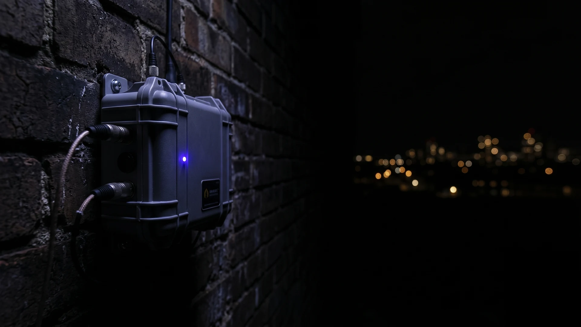 Urban soundscape monitoring station mounted on a wall at night