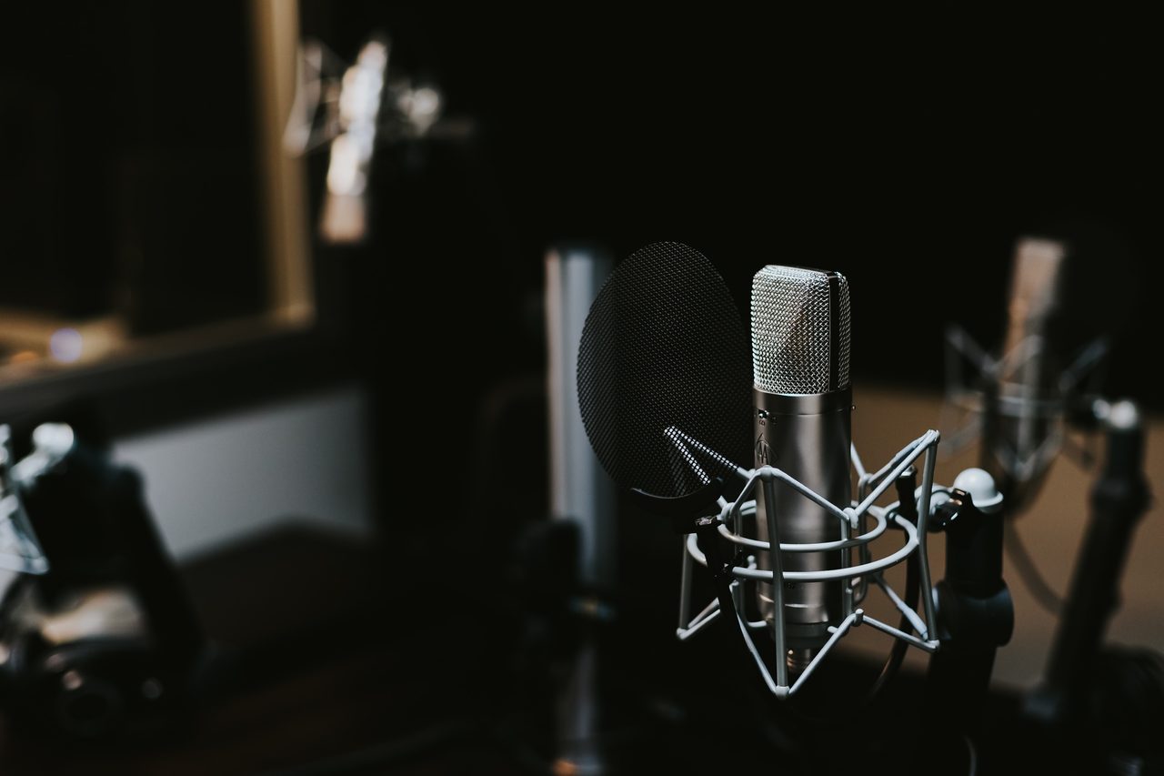 A studio condenser microphone in a shock mount with a pop filter, more microphones out of focus behind it